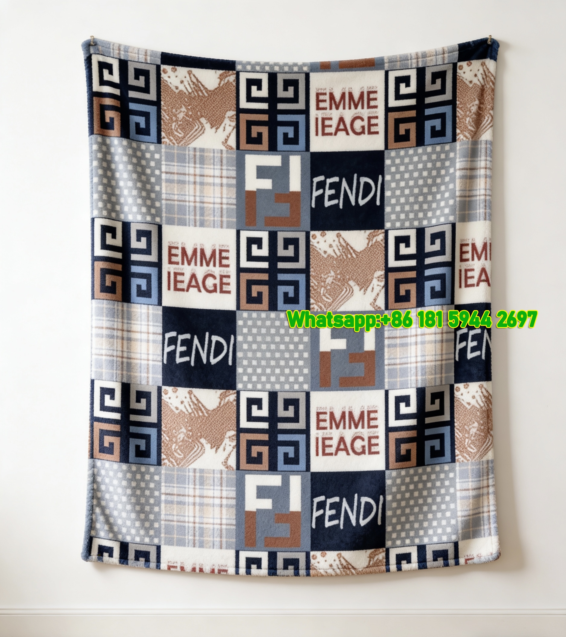Fendi Navy Blue & Brown Plaid Patchwork FF Logo Flannel Throw Blanket IMG_9479